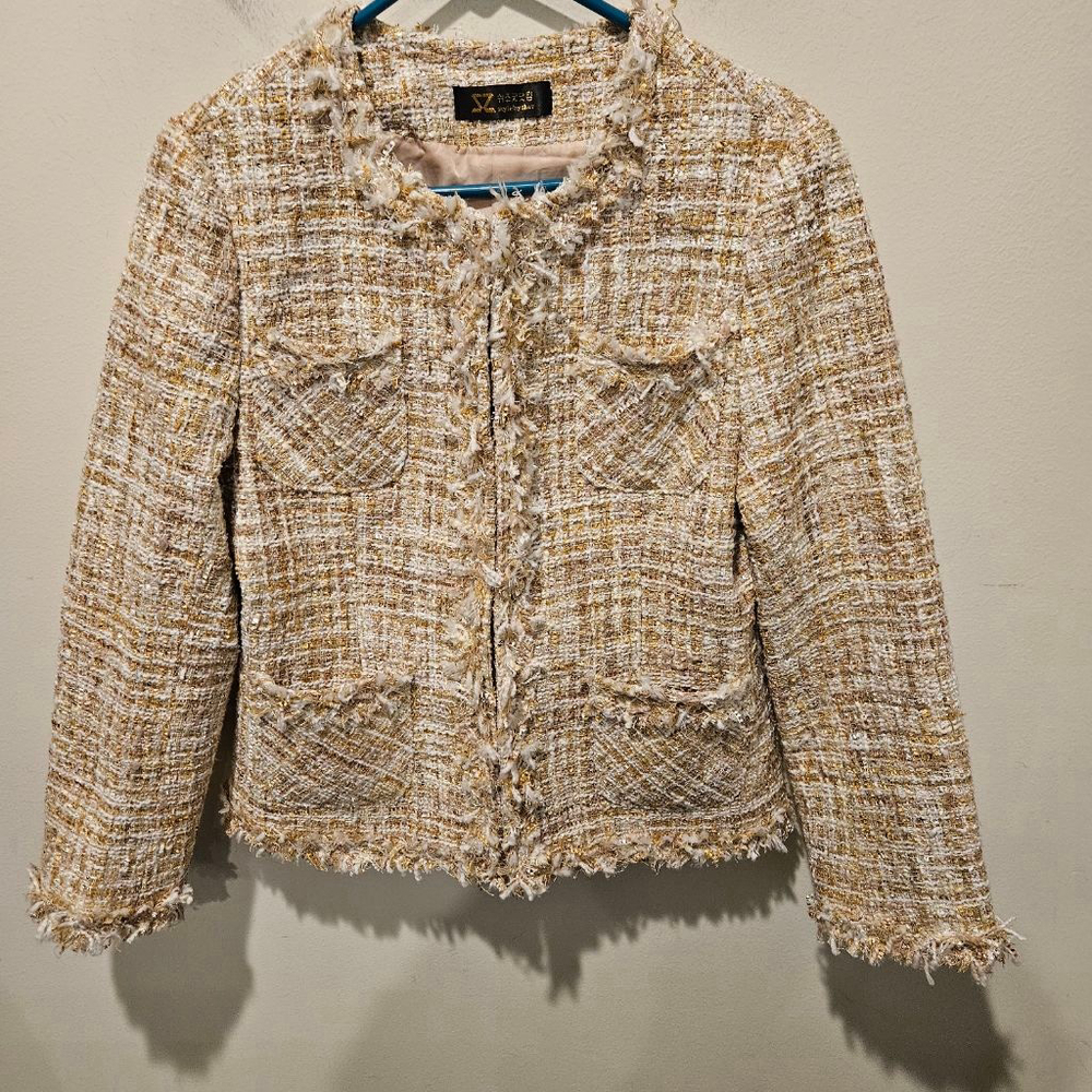 Women's Style by Shez Gold & White Tweed Blazer Jacket